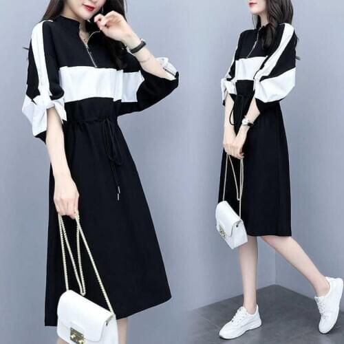 Womens dresses increase waistline loose polyester mid-length dress black and white boho women