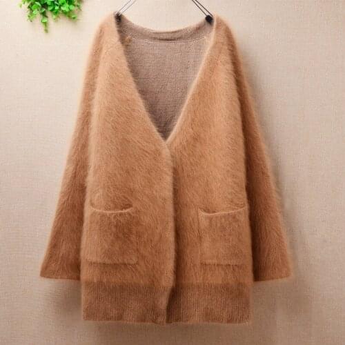 Ladies women fashion warm thick V-neck mink cashmere long sleeves angora rabbit fur knitted cardigans jacket coat winter sweater
