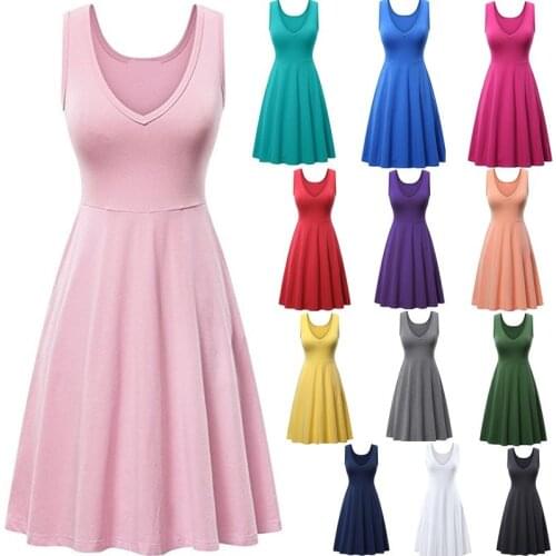 Women V-neck Pocket Summer Dress 2021 Solid Color Womens Sleeveless Midi Dresses Plus Size Beach Vest Dress Vestido de Mujer