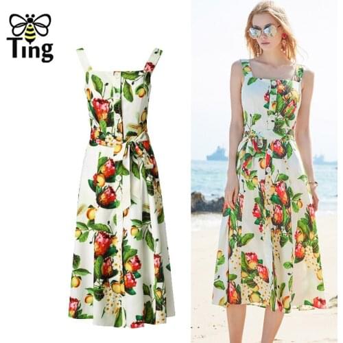 Tingfly Summer Vintage Elegant Runway Leon Strap Single Breasted Midi Long Dress Retro Runway Sleeveless A Line Dresses Vestidos