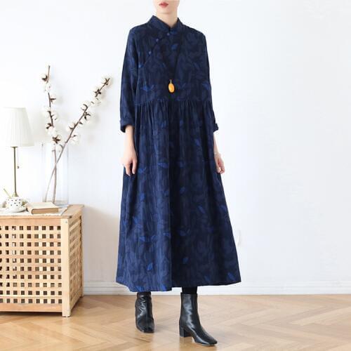 Johnature Jacquard Vintage Dress For Women Cotton Linen Chinese Style Robes 2020 Winter New Stand Long Sleeve Print Floral Dress