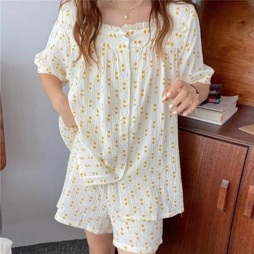 156 Summer Cotton Linen Love Heart Print Pajama Set ladies pajamas suit Square Collar Pyjamas Shorts pajamas womens homewear