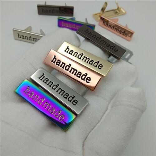 20pcs/lot) 5 colors 35*10mm Handmade script metal bag label,handcraft handmade letters metal label decorative for purse