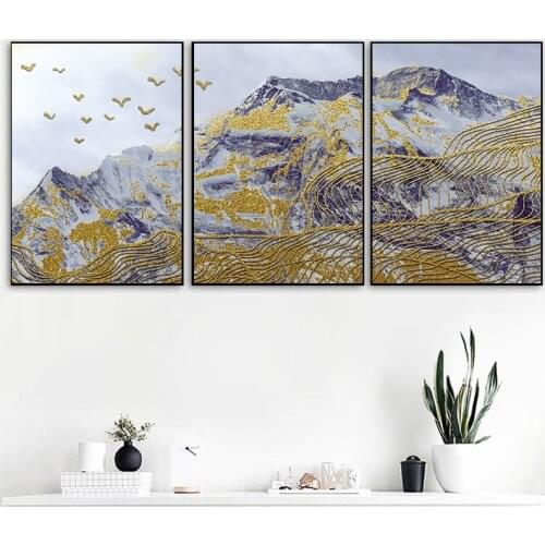 3 Pieces of Golden Abstract Snow Mountain Landscape Poster Geometric Triangle Round Wall Art Print Canvas Painting Home Decor