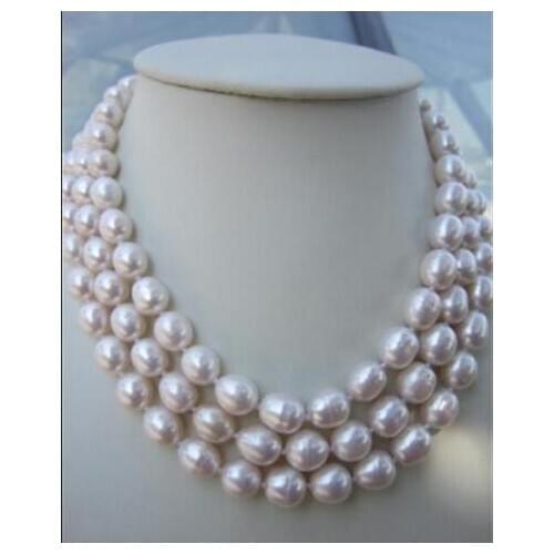 3 string AAA 9-10mm natural south sea white baroque pearl necklace 18-20"14k c