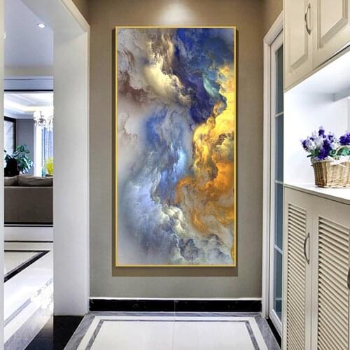 Abstract Golden And Blue Cloud Mist Nordic Wall Art Canvas Painting Poster And Prints Fantasy Picture For Modern Room Decoration