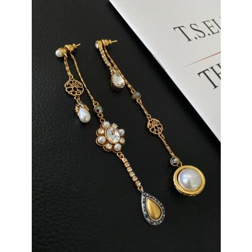 Retro water drop pearl asymmetric long earrings