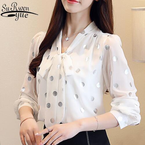 Blouse women 2021 spring white long sleeve shirts for women tops bow chiffon blouse Polka Dot V-Neck blusas femininas 7960 50