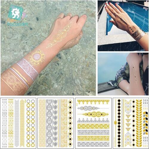 Big Modern Boho Flash Tattoo Sticker Gold Silver Bracelet Temporary Metallic Fake Chain Tattoos Wrist Arm Bands Bling Tattoo