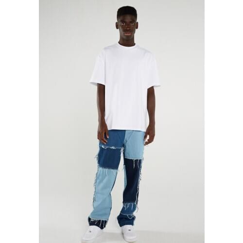 2020New Style Autumn and Spring Mens Straight Leg Jeans Trendy Frayed Patchwork Color Block Relaxed Fit Denim Pants