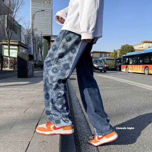Stitching Printed Jeans Mens Trendy Loose Straight-leg Pants Wild Wide-leg Japanese Harajuku Denim Trousers Four Seasons S-3XL