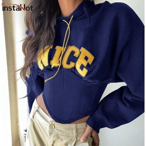 InstaHot Hoodies Letter Printed Women Cotton Hooded Long Sleeve Casual Streetwear With Girdle Bandage Pullover Sweatshirt 2020