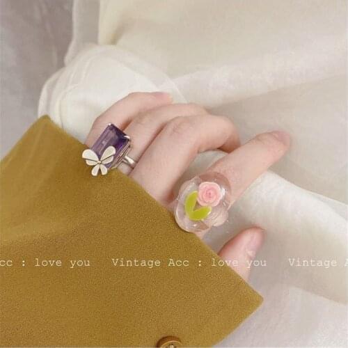 Korean Retro Geometric Rose Ring Romantic Girl Pink Rose Resin Ring Classic INS Wind Flower Ring Fashion Holiday Party Ring