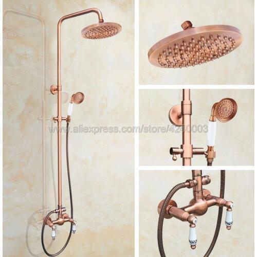 Antique Red Copper Wall Mounted Bathroom Shower Faucet Set 8" Rain Shower Head + Hand Spray Krg556