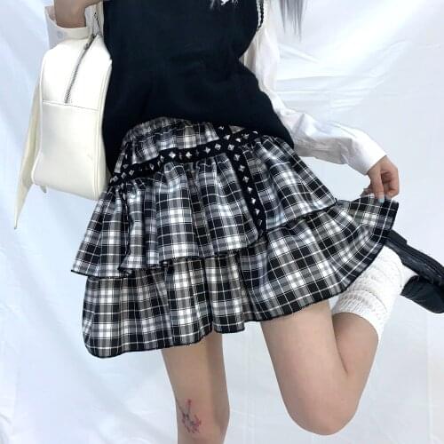 New Gothic Harajuku Black White Check Rivet Punk Double Cake Skirts Autumn Fashion High Waist Sweet Kawaii Mini Skirts Girls