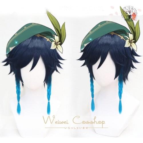Genshin Impact Venti Cosplay Unisex 50cm Blue Wig Cosplay Anime Cosplay Braid Wigs Heat Resistant Synthetic Wigs Halloween