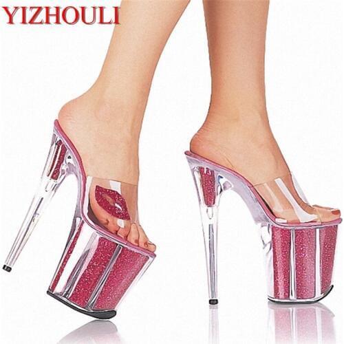 Fully transparent crystal wedding dress sandals 20 cm high heel slippers stylish lips embellished with high heels, slipper
