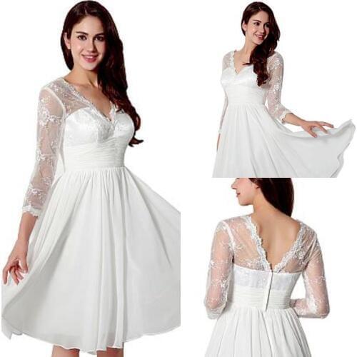 Simple Cheap Wedding Dress A-Line V-Neck Chiffon Dresses Long Sleeve appliques Knee Length Bridal Dresses Short Wedding Gowns