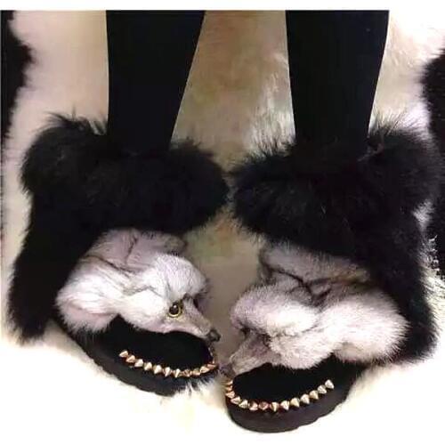 Luxury Front Cute Fox Decor Snow Boots Rivets Studs Thick sole Winter Warm Fox Fur Opening Boots Female Plush Fur Mid-calf Boots