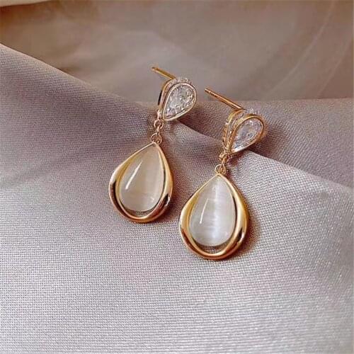 Temperamental Exquisite Water Drop Opal Pendant Earrings Premium Texture Shining Sexy Crystal Rhinestone Earrings