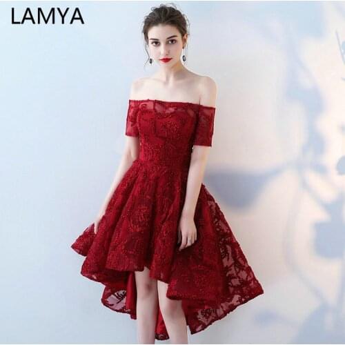 LAMYA Prom Dresses Evening Dress 2021 High Low Back Vestido De Boat Neck with Short Sleeve Vintage Front Back Long Tail Banquet