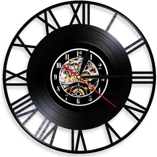 Vintage Roman Numerals Vinyl Record Wall Clock 12"Black Hanging Wall Clock Watch Handmade Art Decoration For Living Room Bedroom