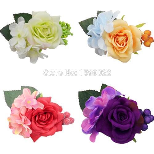Fabric Hydrangea Rose Clips Wedding Hair Flowers Accessories for Women Brooch Bridesmaids Hairpieces Champagne Blue Ivory Green