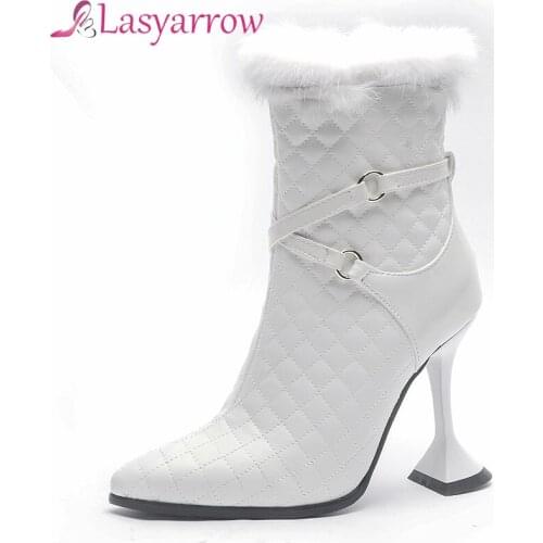 Lasyarrow Fashion Women Ankle Boots Sexy Pointed Toe Rabbit Fur Thin High Heels Comfortable Party Shoes Winter Warm Women Shoes