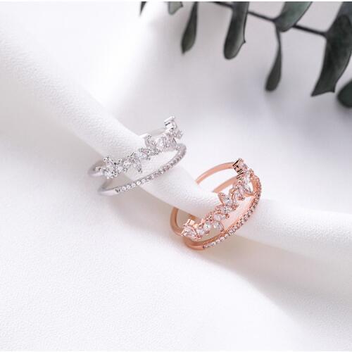 MENGJIQIAO 2018 New Elegant Leaf CZ Stone Hollow Double Layer Rings For Women Fashion Micro Paved Cubic Open Rings Femme Bijoux