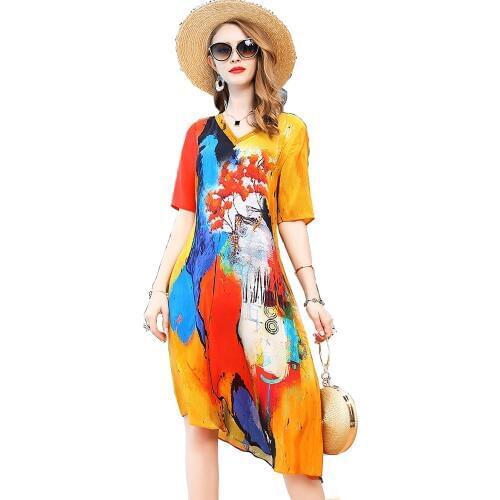 Floral silk dress 2019 spring summer plus size beach casual bohemian long chiffon women dresses elegant yellow art flower loose