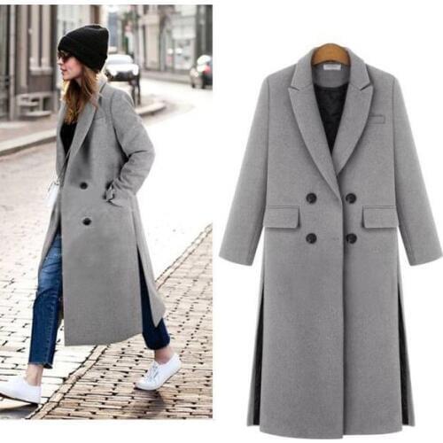 Savabien Elegant Warm Woolen Coat Turn-down Collar Double Breasted Outerwear Long Winter Jacket Women Black Grey Wine red Coats