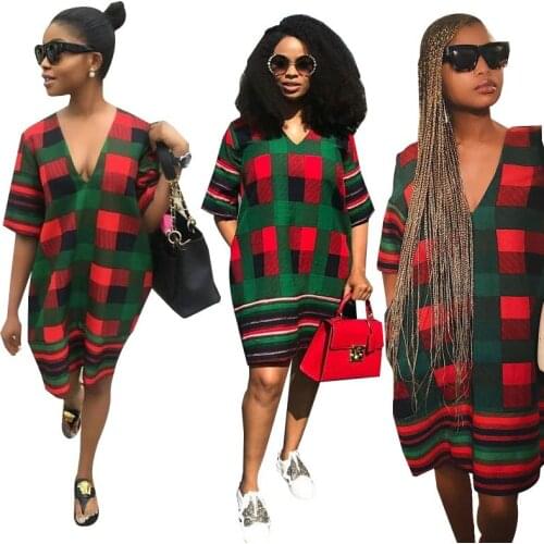 Autumn Hot Sale Exotic Sexy Design Women Dress Plaid Deep V-Neck Half Sleeve Loose Lady Dress Vestido Clothes sweater dress
