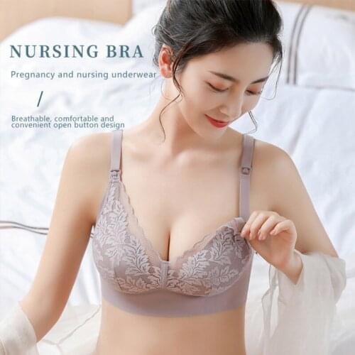 Womens Front Buckle Breast-Feeding Thin Lace Breathable Underwear Wirefree Postpartum Gathered Nursing Bra