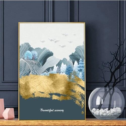 Golden Abstract Mountain Landscape Canvas Painting Nordic Poster Deer Wall Art Print Pictures for Living room Modern Home Decor