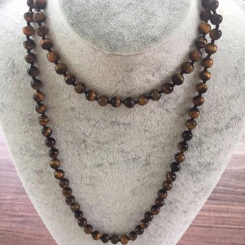 8MM Yellow Tiger Eye Necklace Hand Knotted Necklace Long Necklaces 42inch/60inch Yoga Mala Beads Endless Infinity Beaded