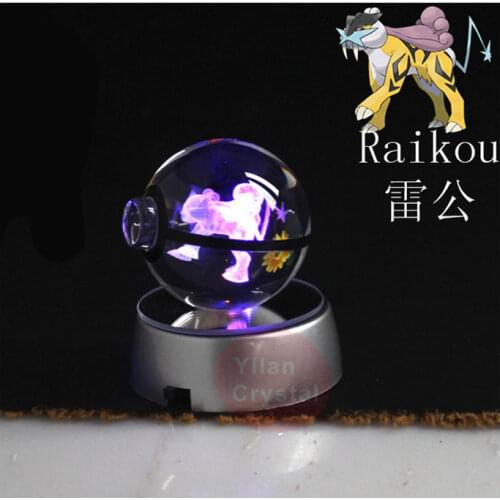 Anime Pokemon Character Pocket Monster Engraving Raikou Model Toy Crystal Poke Ball with LED Light