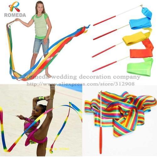 Free Shipping 5pcs/lot 4M Gym Dance Ribbon Rhythmic Art Gymnastic Streamer Twirling Rod Stick,child dancing ribbon stick10 Color