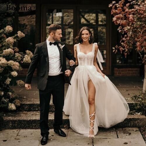 Booma Glitter Lace Boho Wedding Dresses Tied Bow Straps High Slit Appliques Bride Dresses Open Back A-Line Long Wedding Gowns