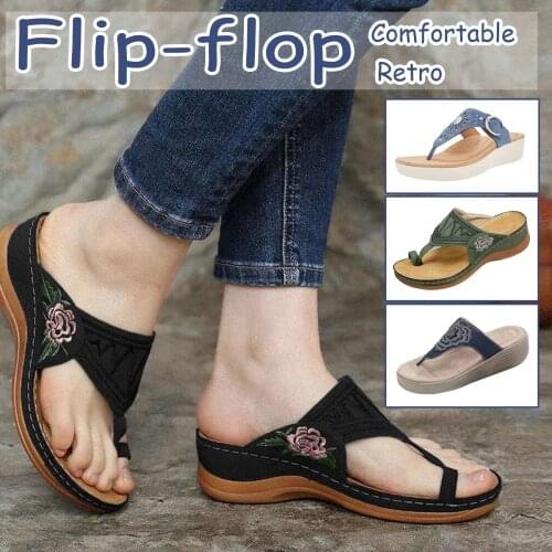 Womens Perforated Wedge Sandals Embroidered Orthopedic Comfortable Flip-flop босоножки женские Beach Soft Non-Slip Slippers