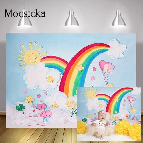Cartoon Rainbow Portrait Backdrop Cloud Blue Sky Birthday Art Photo Background Flowers Sunshine Cake Smash Photography Photocall