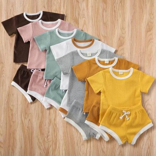 Infant Kids Baby Girl Boy Summer Clothes Sets Short Sleeve Tops T-shirt+Shorts Pants Ribbed Solid Outfits 0-3 Years