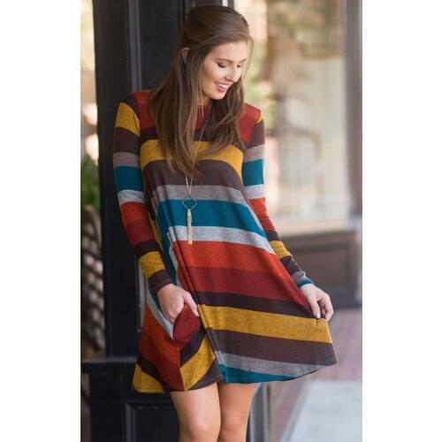 European and American Fashion Casual Womens Wear Pure Cotton Red Blue Collar Long Sleeve Striped Loose Dress