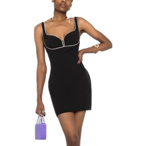 Hot Sale Women Summer Fashion Sexy Beading Black Mini Bodycon Bandage Dress 2021 Elegant Evening Party Dress Vestidos