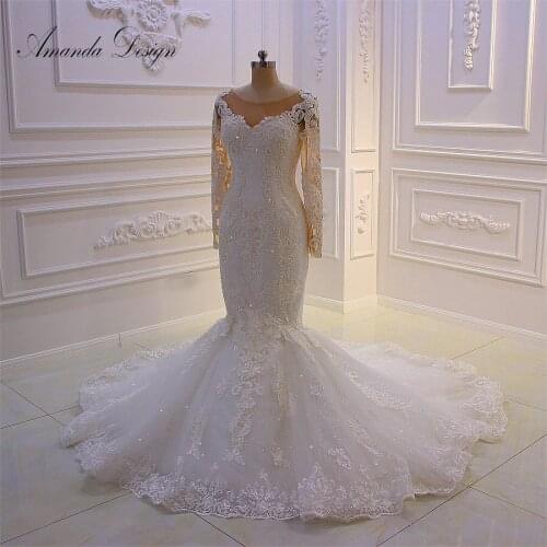 Amanda Design robe mariee O-neck Long Sleeve Lace Appliqued Pearls Wedding Dress Customized