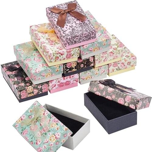 24pc Flower Pattern Cardboard Jewelry Packaging Box with Ribbon Bowknot and Black Sponge For Ring Earring Gift Jewelry Packaging