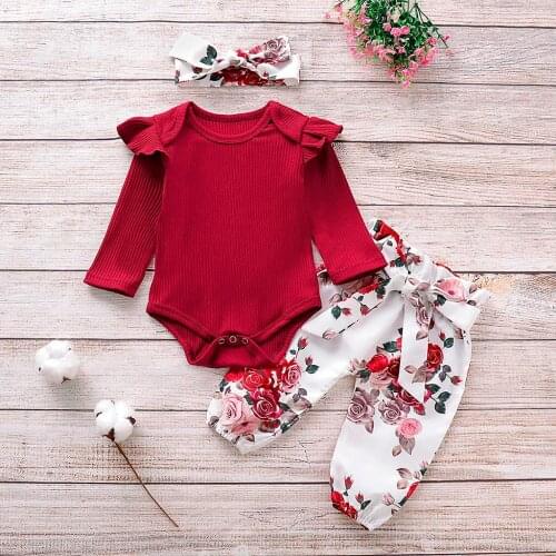 Spring 3PCS Newborn Baby Girls Clothing Set Red Tops Solid Romper Floral Pants Headband Outfits Autumn Set Clothes 0-18Months
