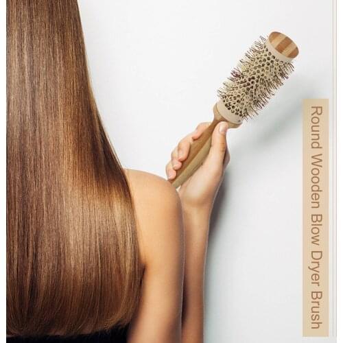 Round Blow Dryer Brush Natural Wooden with Nylon Bristles Roll Styling Hairbrush