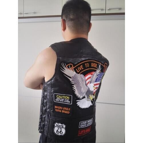 Mens Genuine Brand Leather Motorcycle Vest With14 Patches Flag Eagle Biker Vests High Quality Sheepskin US S-4XL