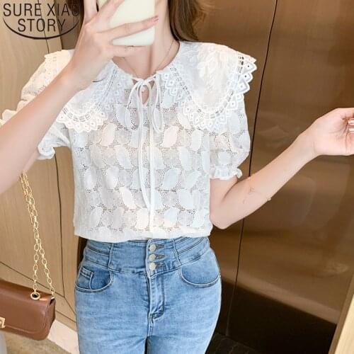2021 Summer New Lace-Up Shirt Tops Cotton Blouse Women Lace Shirt Sweet Peter Pan Collar Blouse Puff Sleeve Clothes Blusas 15263