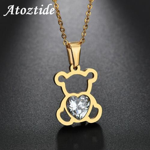 Atoztide Lovely Cubic Zirconia Animal Necklace With Bear Turtle Bird Dolphin Owl Stainless Steel Chain Necklace Pendant gift